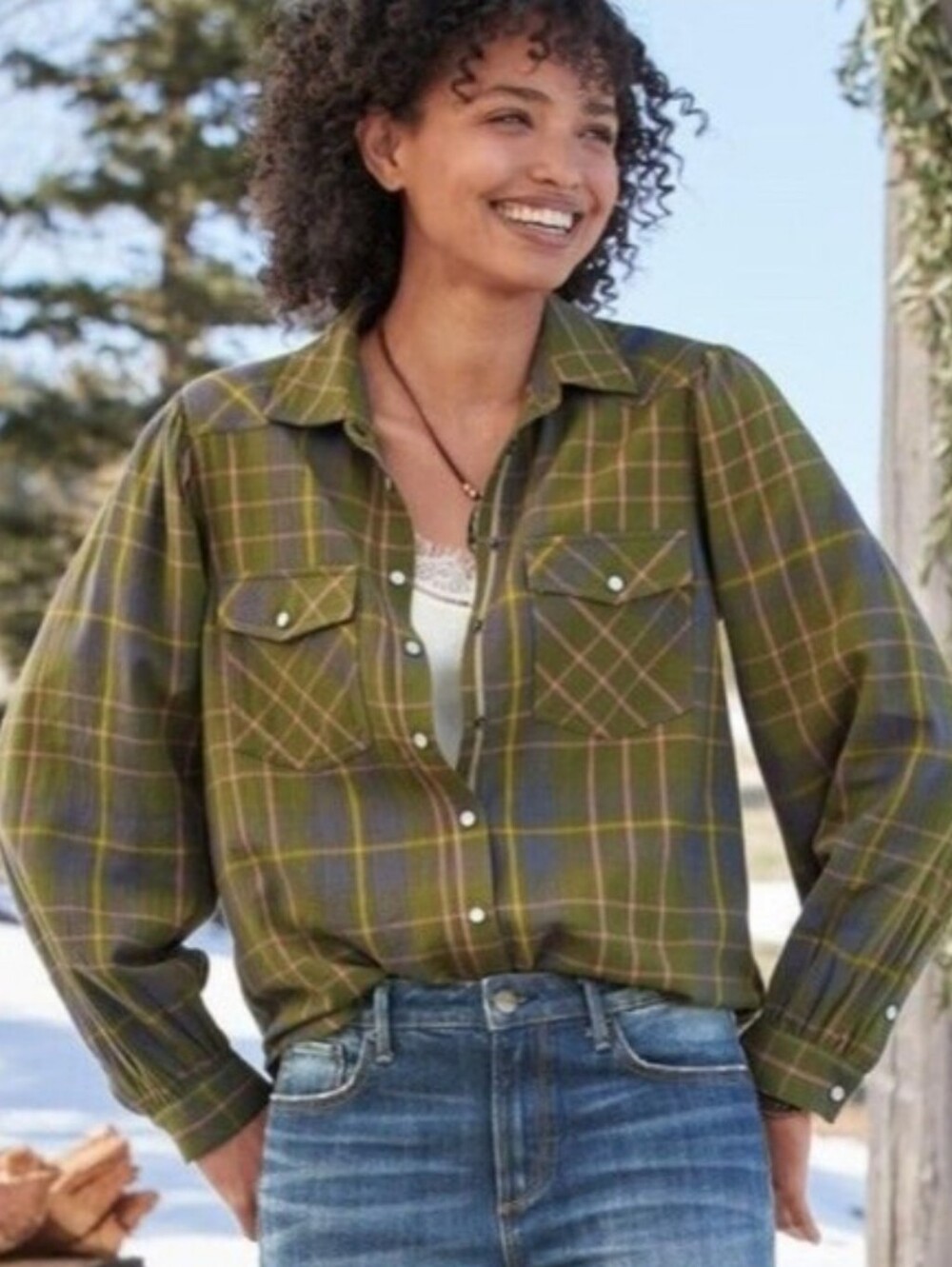 SUNDANCE PLAID WESTERN PEARL SNAP PUFF SLEEVE FLANNEL SHIRT GREEN SIZE L